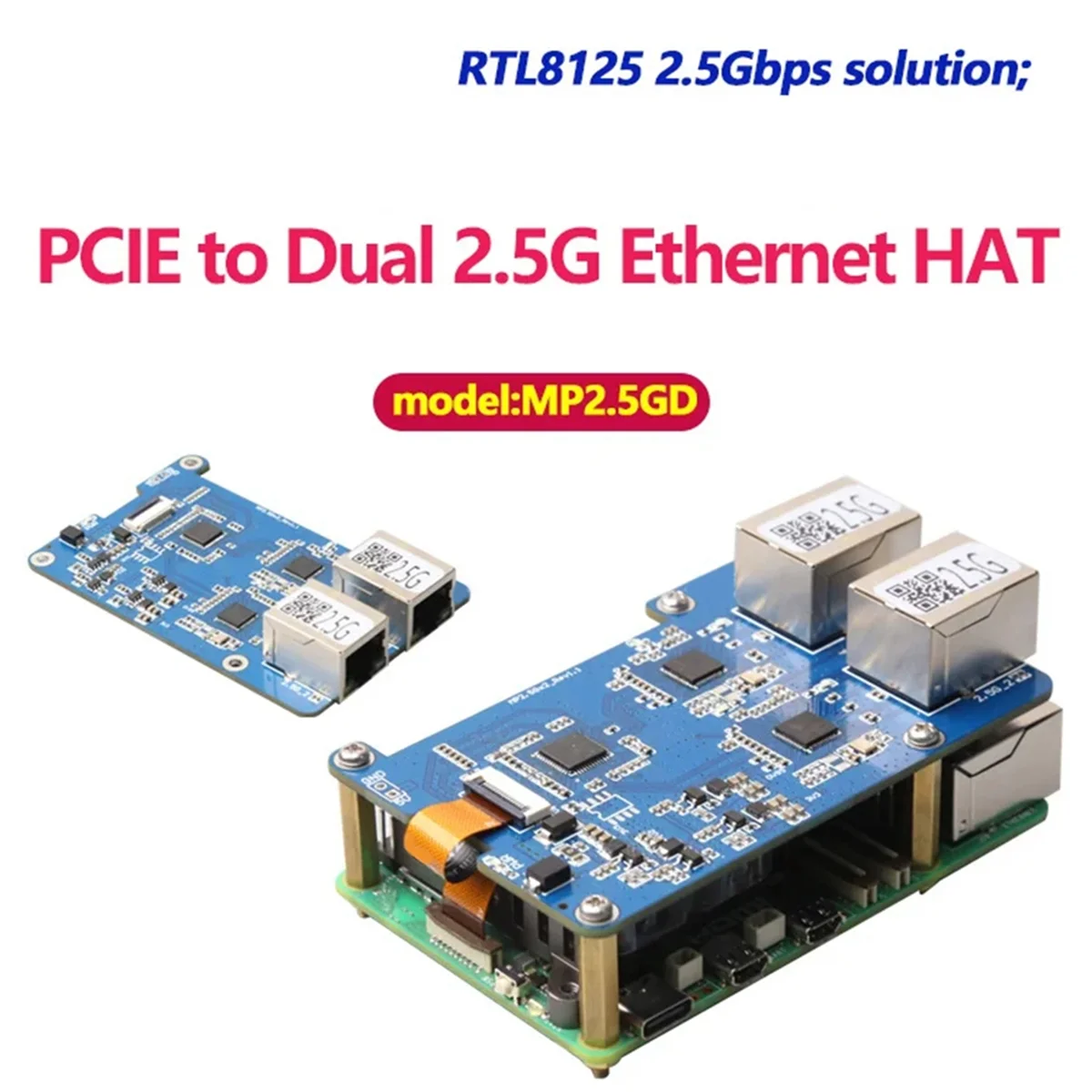 MP2.5GD para Rasbperry Pi 5 PCIE para Dual 2.5G Ethernet HAT RTL8125 Suporte para placa de expansão para RPi OS e Ubuntu - L47A