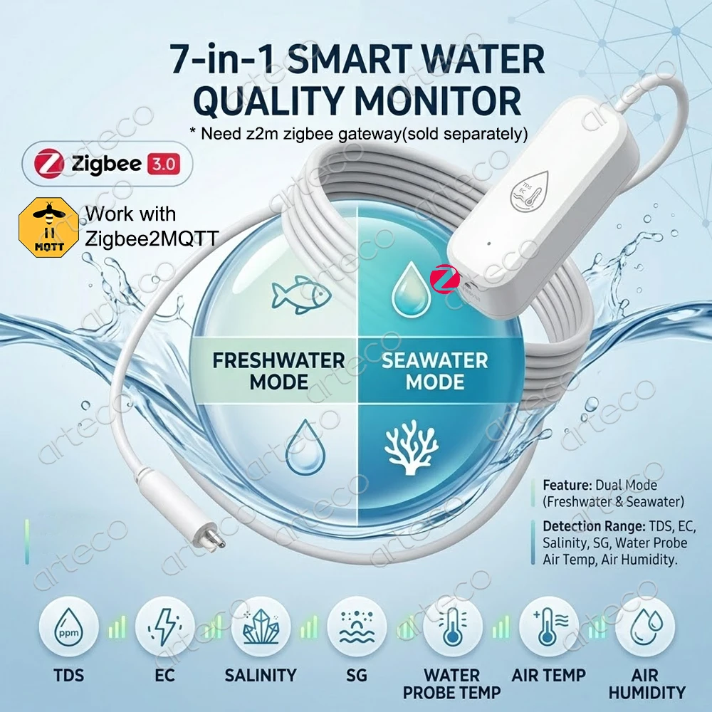 Zigbee Water Quality Meter Air Temperature Humidity Sensor with External Probe TDS Salt EC SG Temp Tester 7 In 1 For Zigbee2MQTT