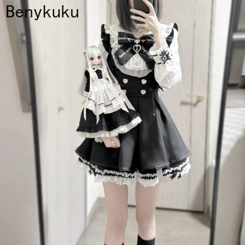 

Женское платье-рубашка с длинным рукавом в готическом стиле Лолиты, японское Y2, эстетическое платье со стразами и бантом, комплект с шортами, вечерние тонкие мини-платья