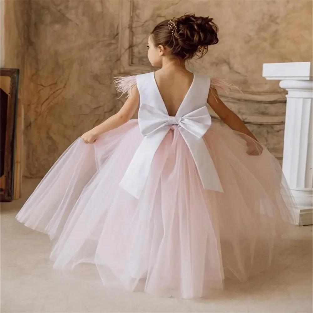 

Tulle Flower Girl Dresses Elegance Floor Length Sleeveless Birthday Wedding O Neck Bow Tutu Pageant Gown First Communion Dress