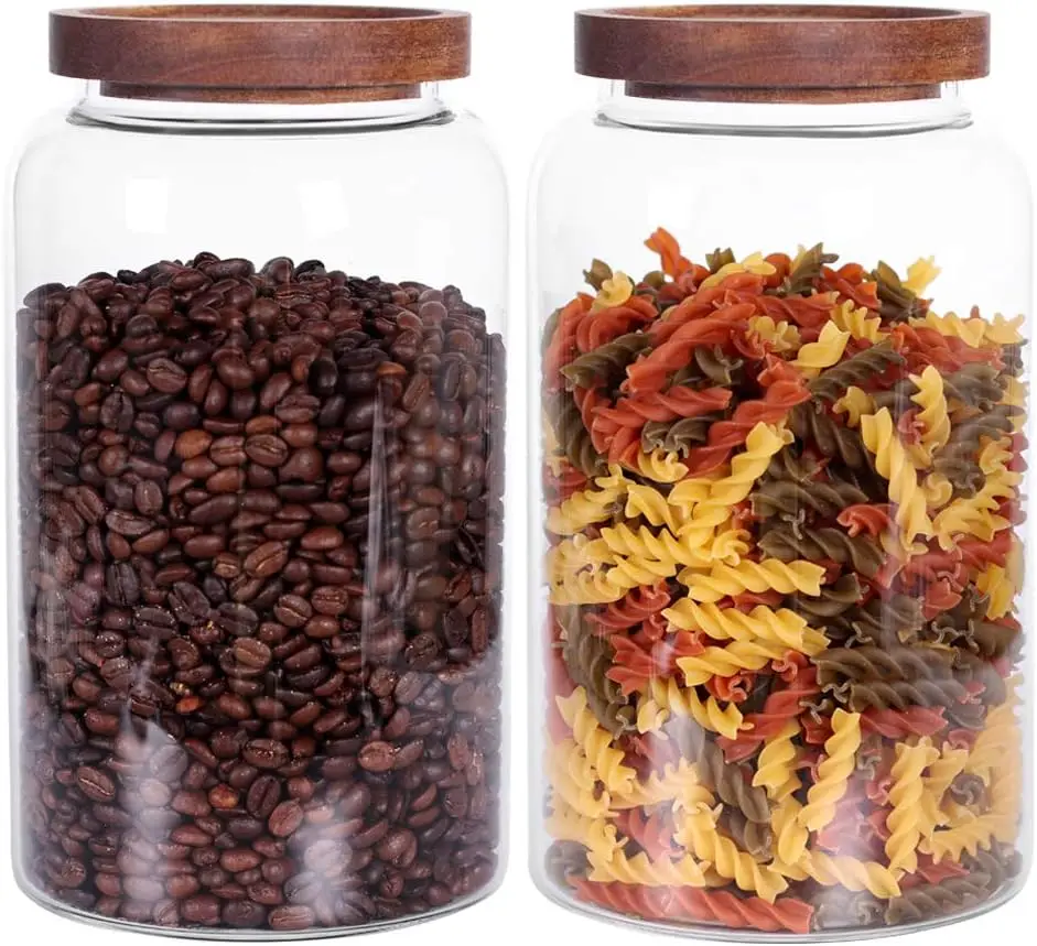 

Набор больших герметичных стеклянных банок из 2 шт., 2750 мл (93 жидких унций), деревянная крышка, для муки, чая, кофе, сахара, печенья — высота 8,8 дюйма
