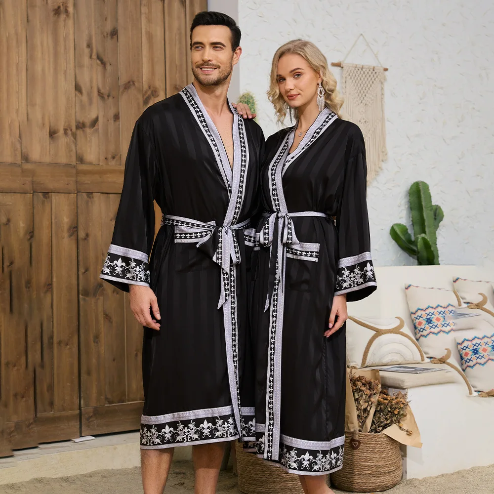 

Autumn New Baroque Style Couple Nightgown Long Sleeve Robe Long Morning Robe Luxury Silk Satin Bathrobe Home Clothes