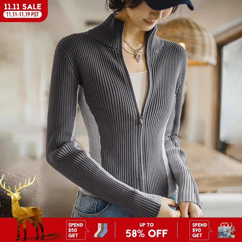 

Вязаный кардиган контрастного цвета Maden, серая базовая рубашка с внутренним слоем для женщин, весенне-осенний универсальный топ с воротником-стойкой