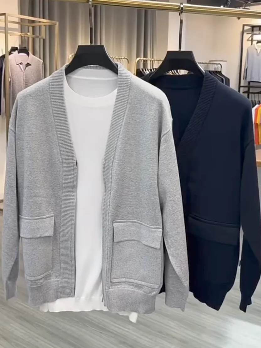 

Высококачественный мужской вязаный кардиган на осень, повседневный, двухцветный, премиум-класса, модный, длинный рукав