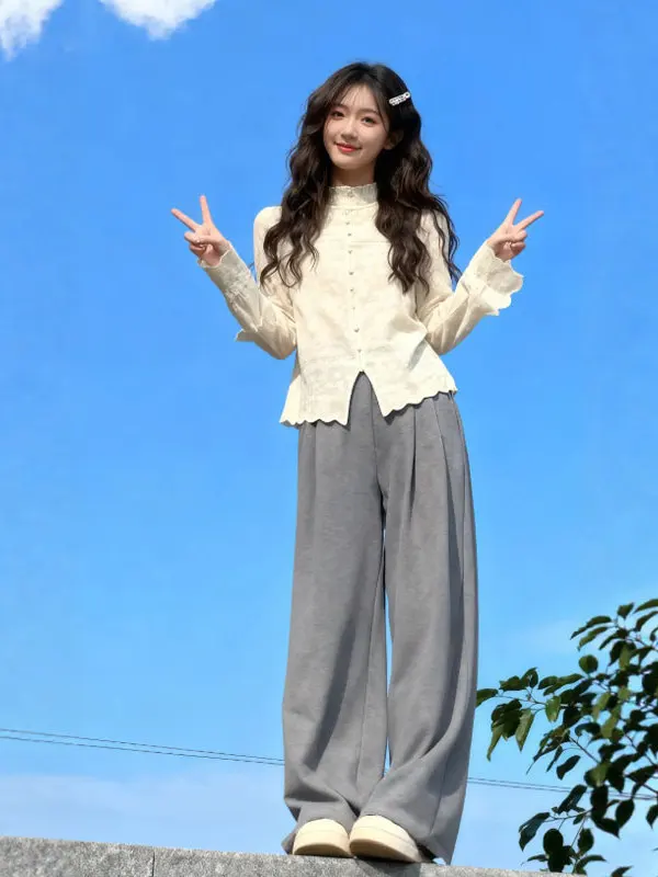 

Женская блузка Ele Lace с высоким воротником и разрезом, французский стиль, приталенный крой, длинный рукав, для свиданий, вечеринок, повседневной носки, офиса