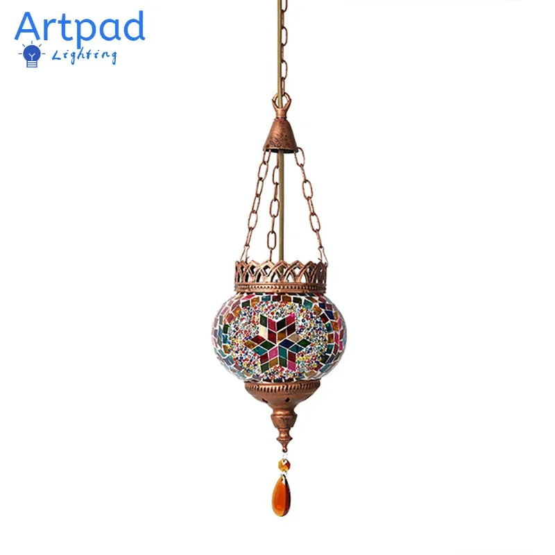 Artpad Mediterranean Style Turkish Moroccan Pendant Light Decoration Handmade Glass Shade Restaurant E27 Mosaic Hanging LampW23