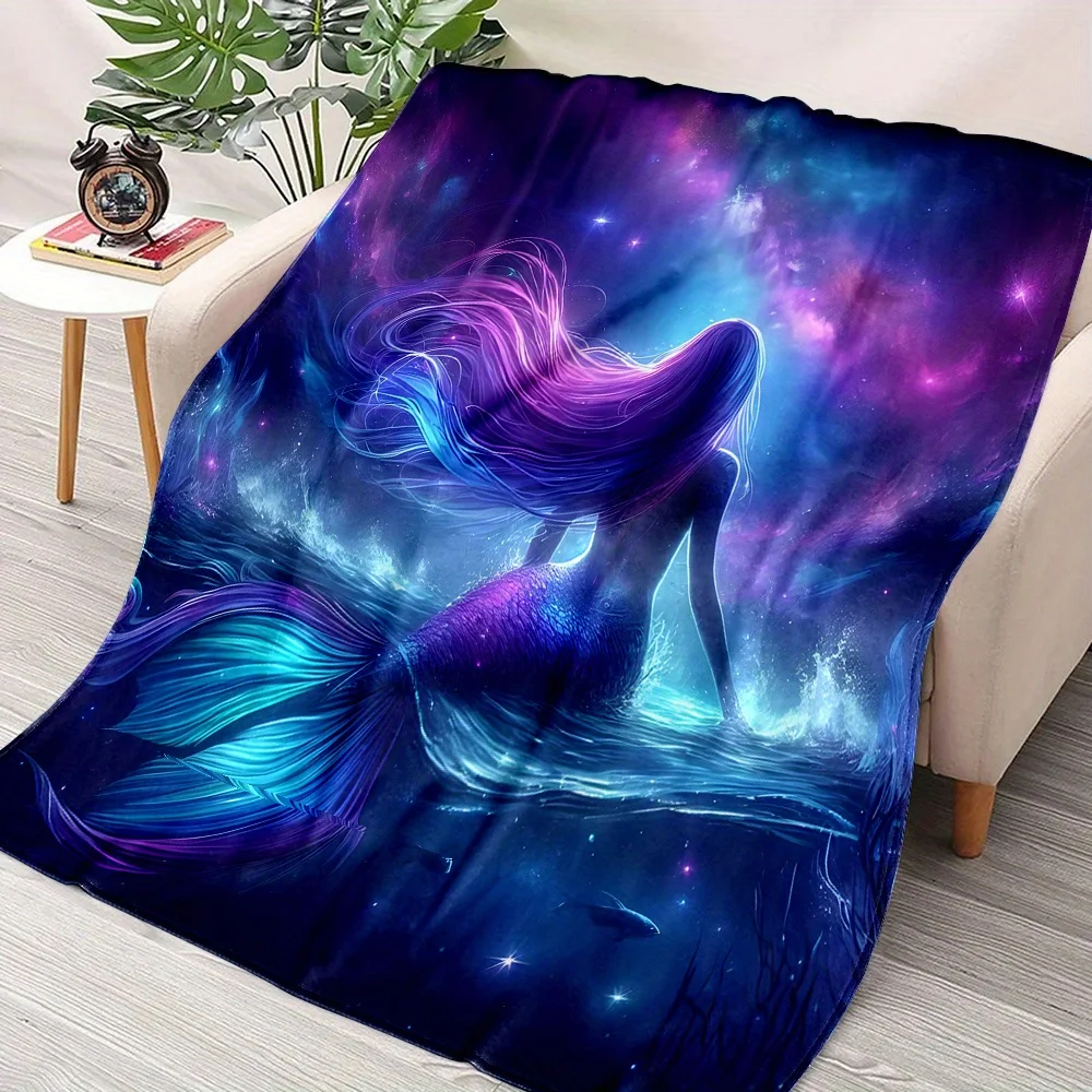 

Mermaid Silhouette Flannel Blanket – Vibrant Underwater Throw – Purple Hair Blue Eyes Design – Cozy for Couch Bed Office