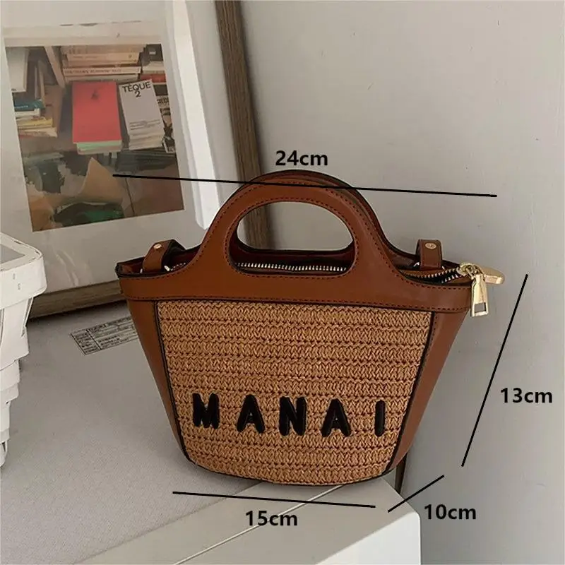 Małe słomiane torby Crossbody dla kobiet 2024 Summer Letter Printed Basket Top-handle Bags Casual Seaside Beach Travel Shoulder Bags