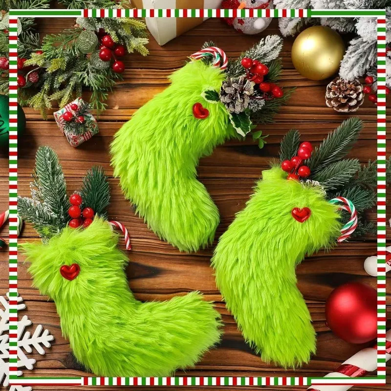 3pcs Festival Green Plush Heart-shaped Christmas Stocking Textile Home Decoration Party Accessories