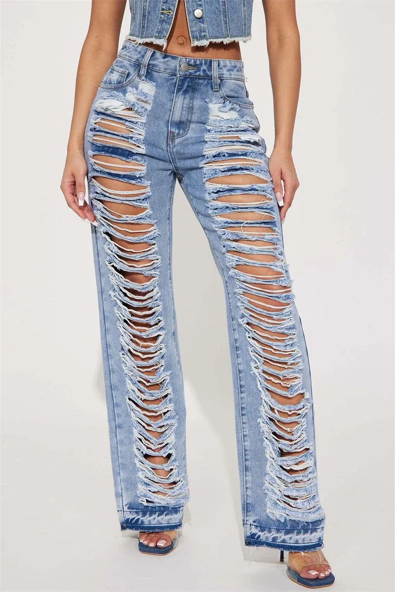 

Fashion Ripped Jeans Summer Clothes Women 2024 High Waist Broken Holes Denim Trousers Streetwear Cutout Straight Leg Jean Pants