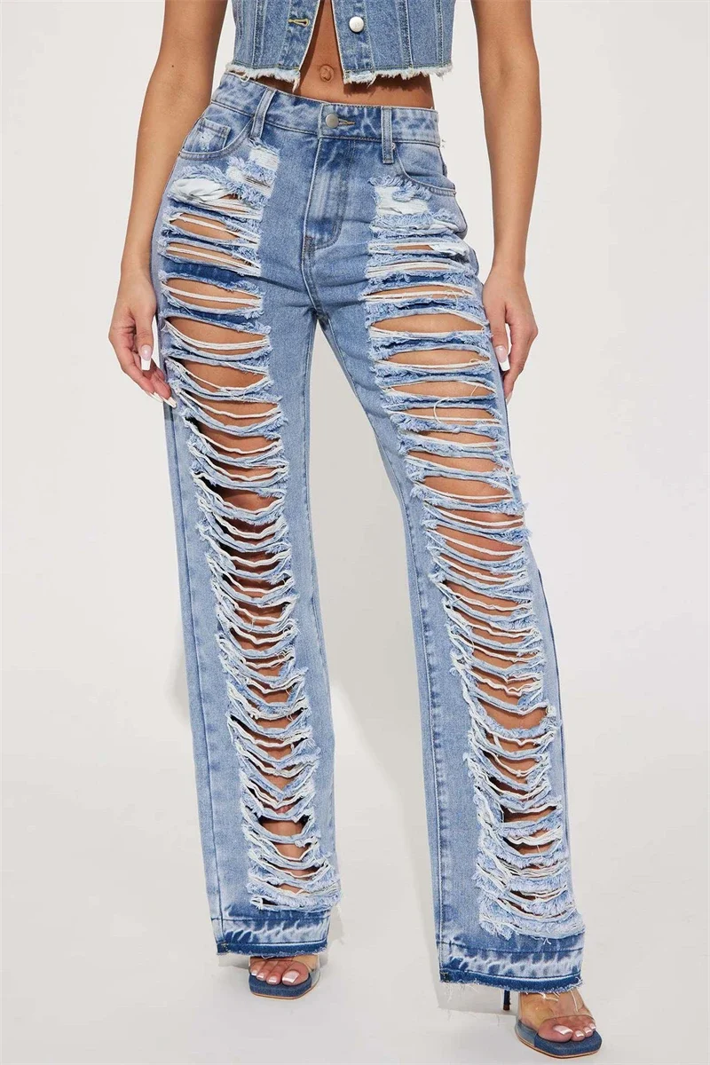 Fashion Ripped Jeans Summer Clothes Women 2024 High Waist Broken Holes Denim Trousers Streetwear Cutout Straight Leg Jean Pants