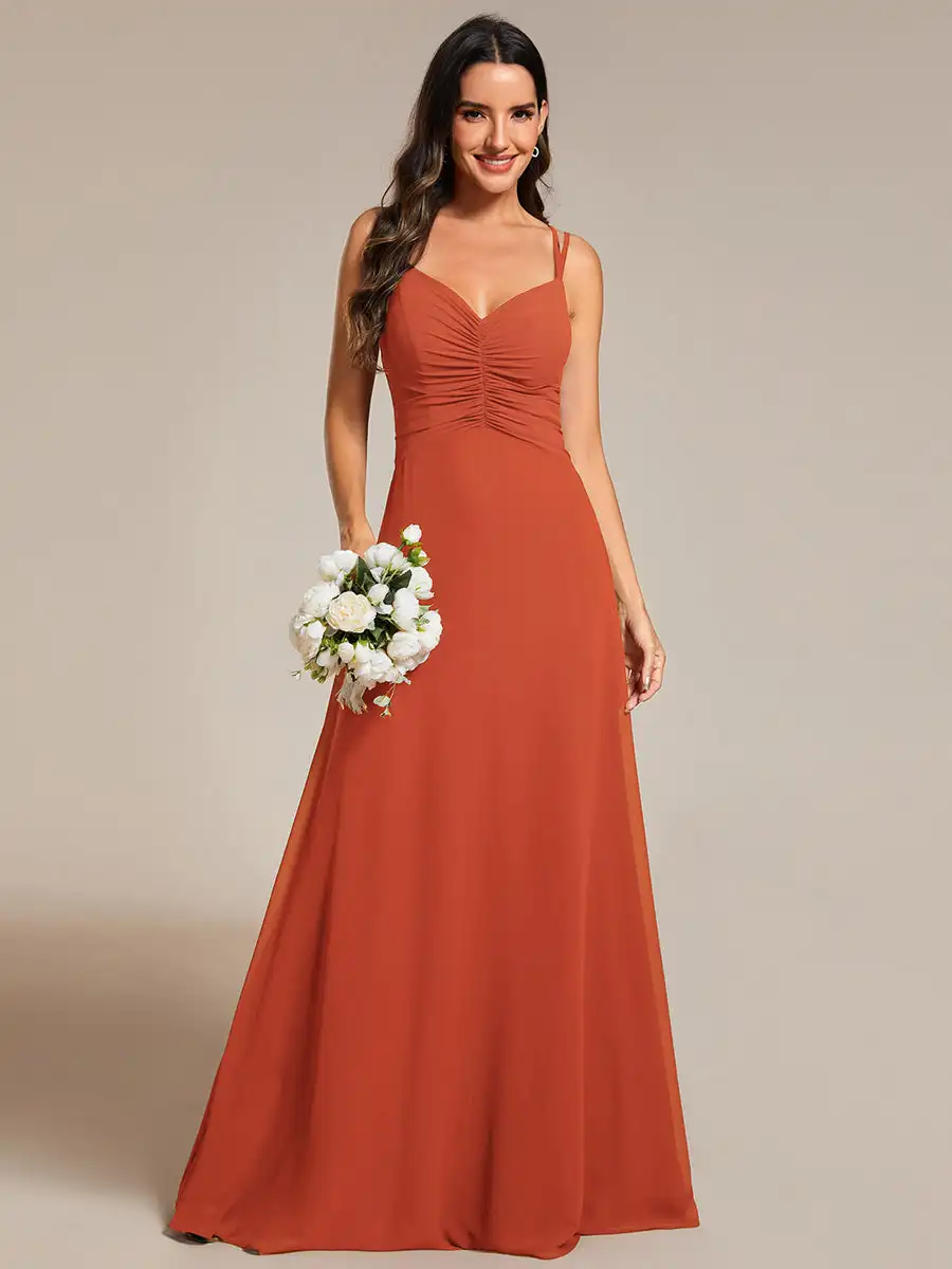 Elegant Evening Dresses V-Neck Flowy Pleated Adjustable Straps 2024 Ever Pretty of  Burnt Orange Chiffon Bridesmaid Dress