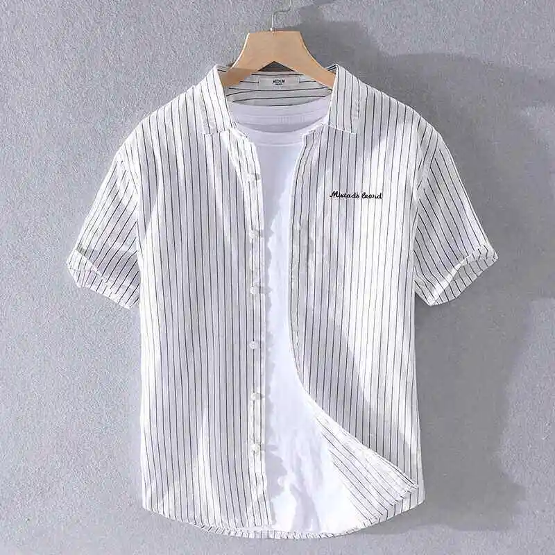 

Men's Summer Loose Fit Short Sleeve Shirt Breathable Casual Striped Design Versatile Comfortable Half Sleeve Casual Shirt