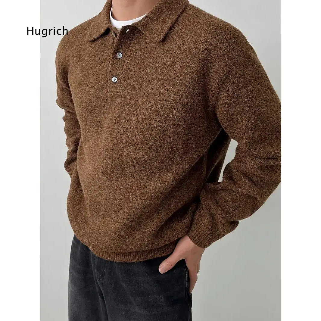 Mens Polo Collar Solid Color Knit Sweater Korean Loose Pullover Versatile Hong Kong Style Top For Autumn Winter Daily Casual Ou