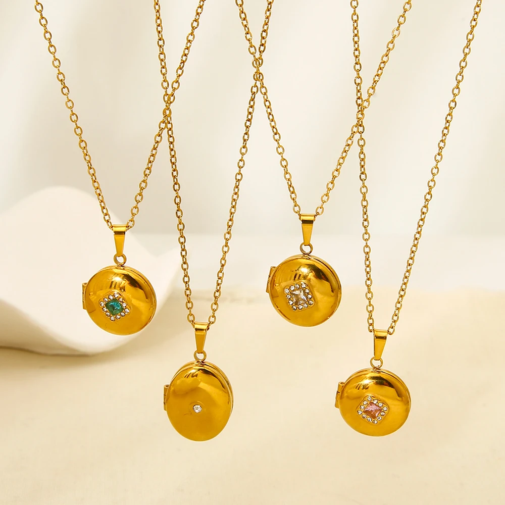 

INS Magnetic Geometric Cubic Zirconia Necklace 18K Gold Plated Locket Pendant Stainless Steel Necklace for Women
