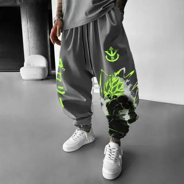 Gray Anime Goku Print Cotton Pants Cuffed Design Unisex Harem Trousers Extra Large Wide Leg Joggers Casual