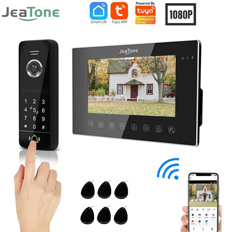 Jeatone 7 Inch 4 Wire Video Doorbell Intercom 1080P Door Phone Outdoor Camera With Tuya Smart Touch Monitor RFID Password Unlock