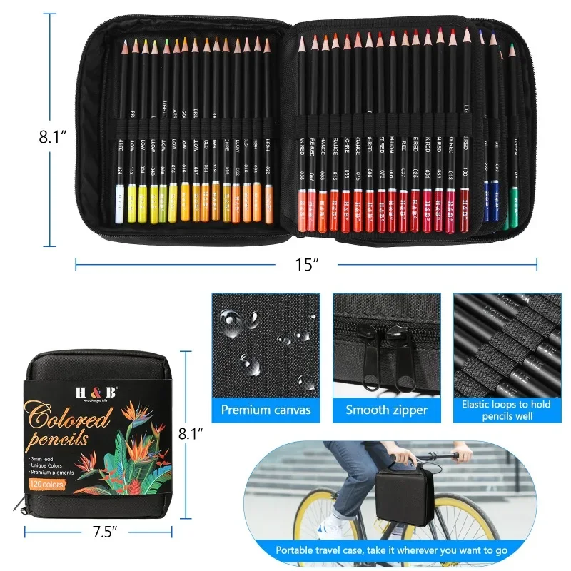 H & B 72/120/180 Professional Oil Color Pencil Set Drawing Colored Pencils With Storage Bag For Sketching Painting Art Supplies