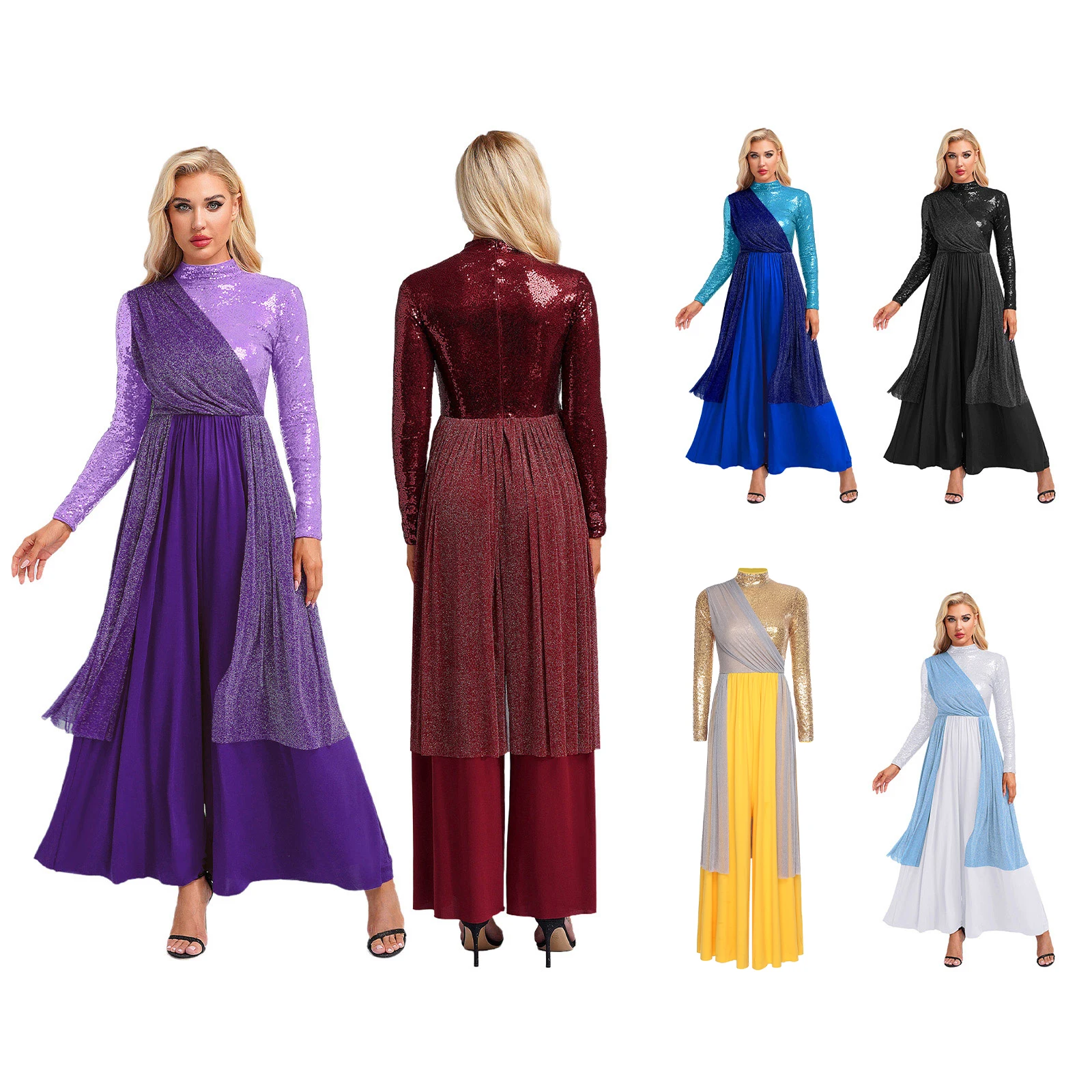 المرأة العبادة زي الترتر الكنيسة جوقة الليتورجية بذلة الثناء تراكب فضفاض Catsuit الأداء الغنائي الحديث زي