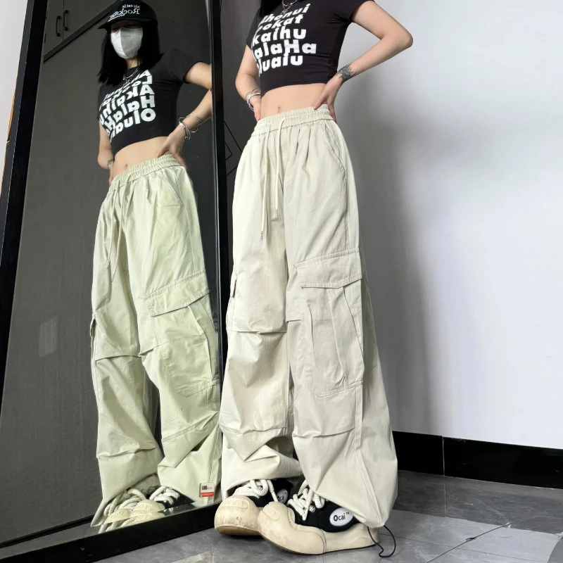 

Брюки Женские однотонные в стиле хип-хоп, уличные свободные прямые повседневные штаны с эластичной завышенной талией, со складками и карманами, весна-лето