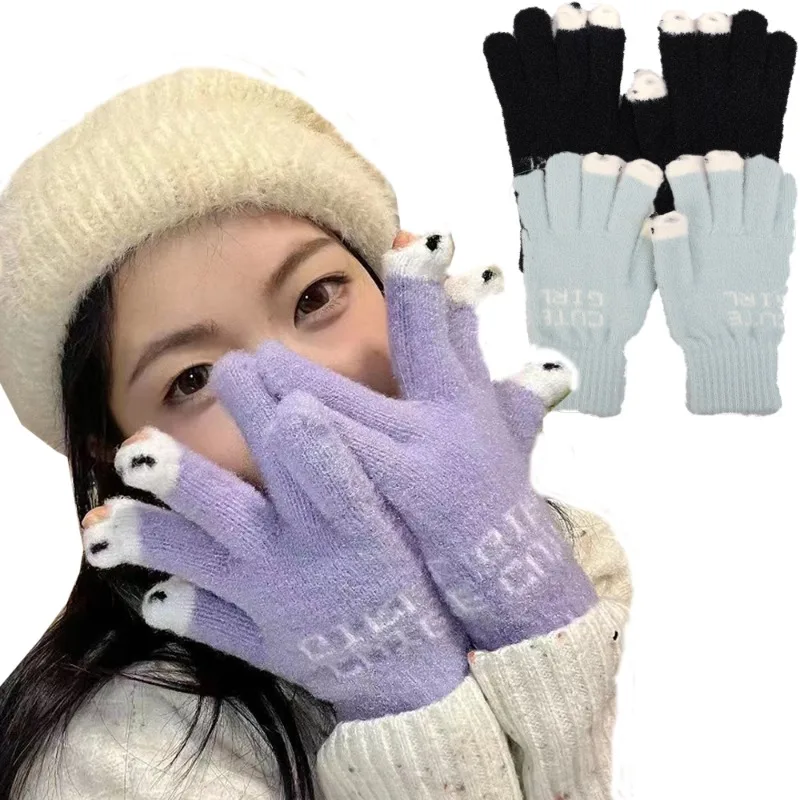 

Cute Writing Wool Gloves Autumn Winter Women Solid Color Play Mobile Phone Soft Gloves Thickened Warm Fluffy Letter Gloves Gifts