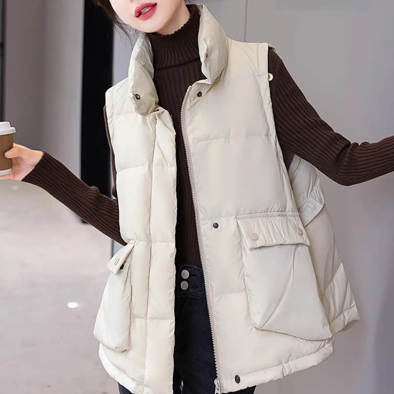 Sleeveless Down Jacket with Large Pockets for Women, Warm Vest, Sleeveless, Standing Collar, Casual, 2024 Autumn and Winter