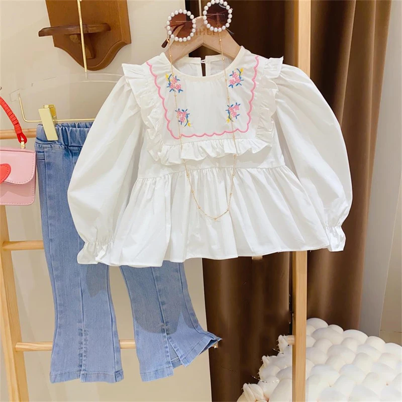 

Kids Clothing Set Girls Flower Embroidered Shirt Suits New Spring Doll Neck+Flared Jeans 2Pcs Children Autumn Fashion Outfits