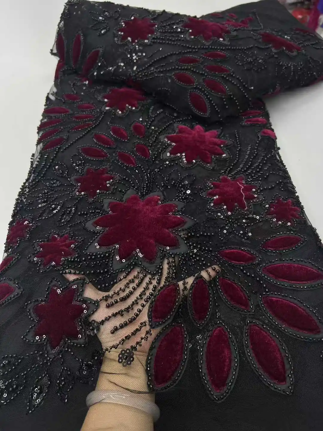 Velvet Lace Sequins Tulle Lace Fabric 2025 Luxury African Lace Fabric 5 Yards Embroidered Nigerian Fabric for Wedding Dress Sew