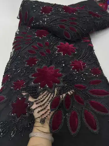 Imagen 1 del producto Tela de encaje de tul con lentejuelas de encaje de terciopelo, tela de encaje africano de lujo 2025, tela nigeriana bordada de 5 yardas para costura de vestido de novia