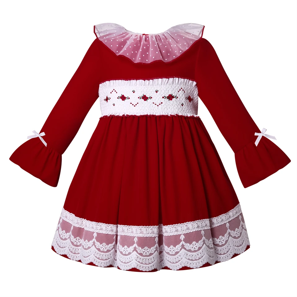 Pettigirl 2023 Winter Red Smocked Embroidery Children Dresses For Girls Birthday And Party Clothing Size 2-12Y