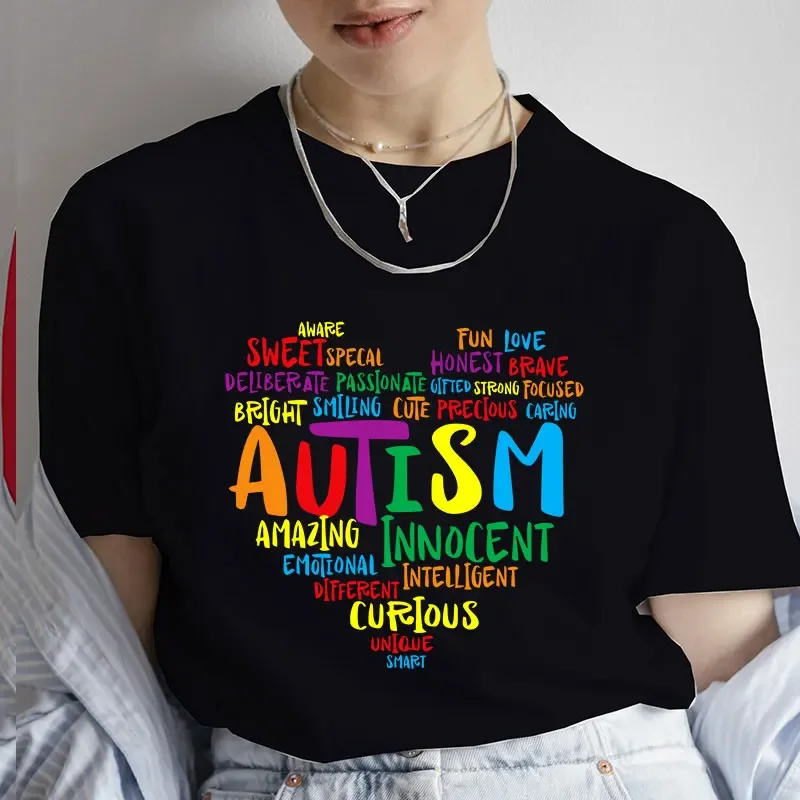 Autism Awareness Heart Print Y2k Graphic T-Shirt Women Clothes Short Sleeve Tees Female Clothing Tops Harajuku Oversized Tshirt