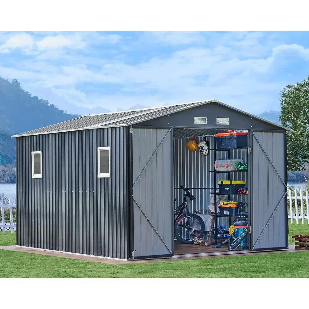 10x12x7.5 FT Outdoor Storage Shed, Metal shed with 2 Clear Panels Hinged Double Doors 4 Vents, Outdoor Shed for Backyard