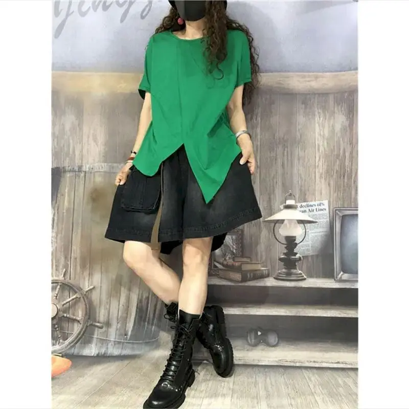 Irregular Split T Shirts Women Fashion Solid Color Art T-shirt Casual Loose Short Sleeve Oversized Tops Summer Trend Thin Tshirt