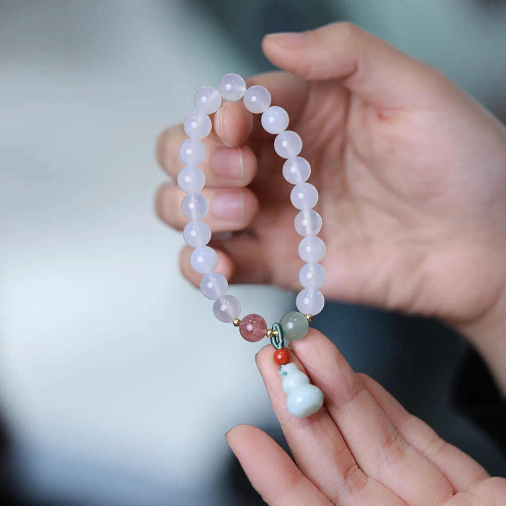 

Natural 8MM White Agate Bracelet for Women with Jade Gourd Charm Luck Stone Bracelet for Best Friends Gifts