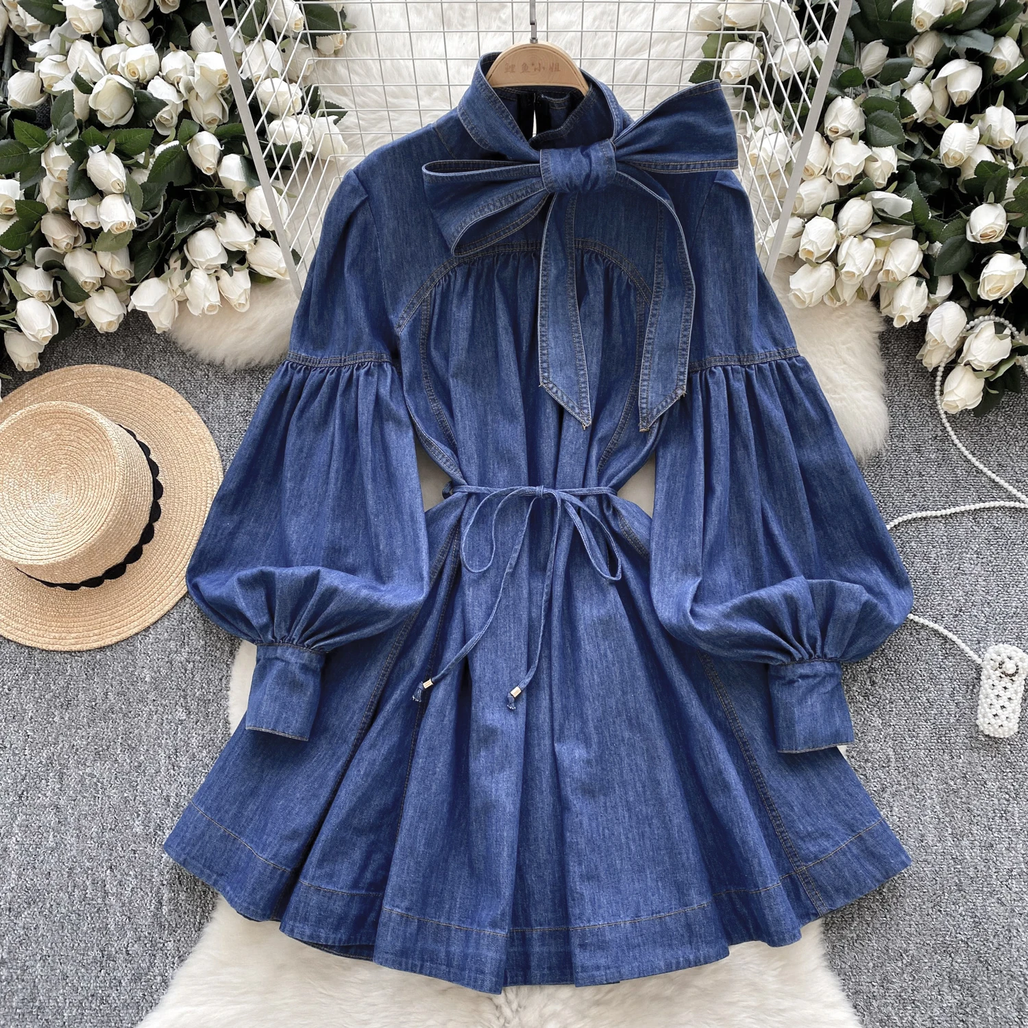 

Blue Lantern Sleeve Denim Dresses Women Spring Slim Waist A-Line Short Dress Office Lady Commuter Clothes Female