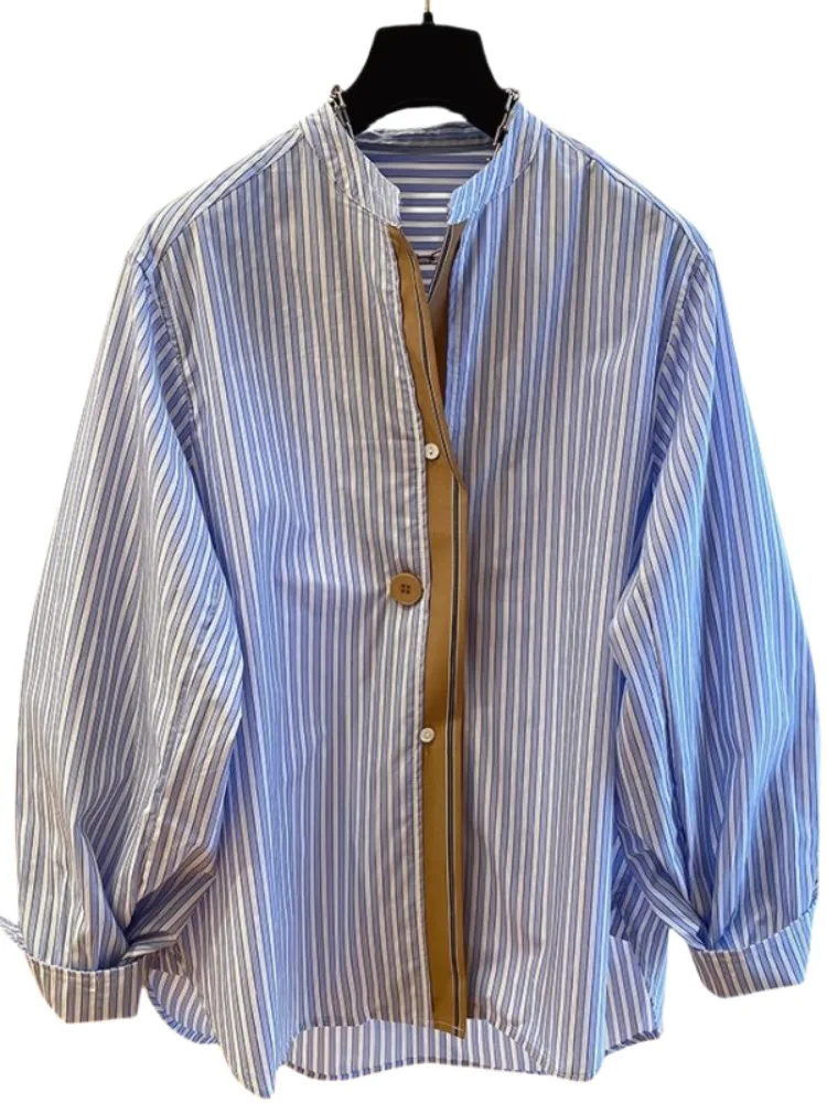 

Blue Striped Loose Long Sve Women's irt Spring Autumn Faion Design Versatile Casual Mood Top Original Design