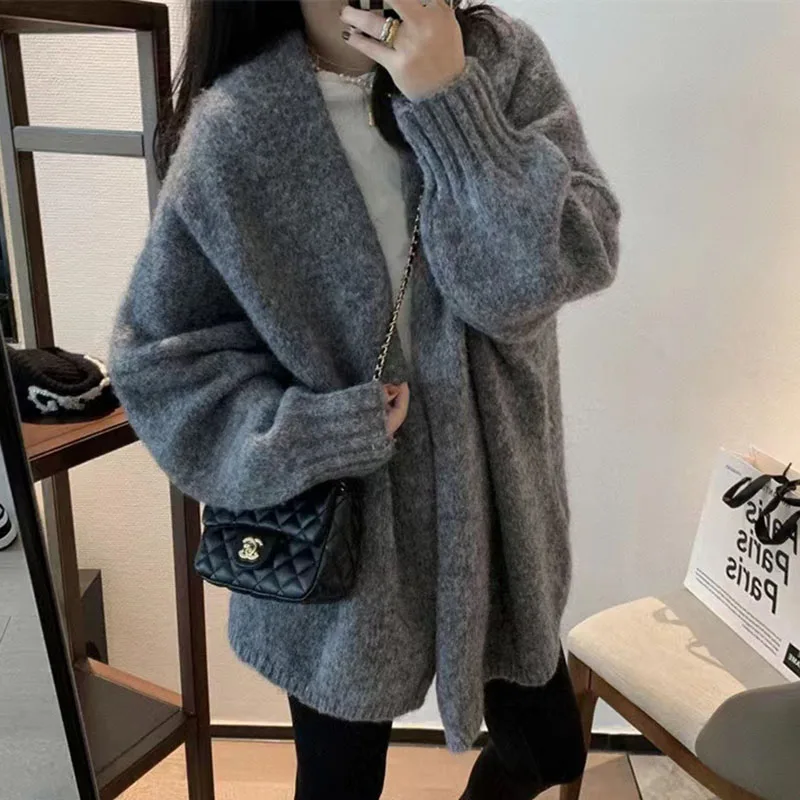 Autumn Winter Thicken Warm Women Cardigan Sweater Korean Lazy Wind Soft All Match Cardigans Tops Solid Loose Knitted Coats