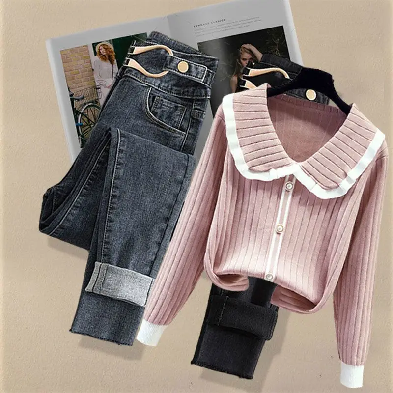 Women\'s 2024 Spring Autumn New Doll Neck Knitted Sweater High Waist Jeans Two Piece Suit Korean Elegant Denim Pants Matching Set