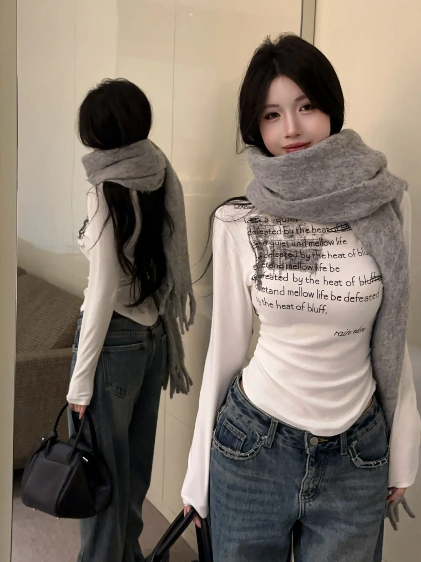 슬림핏 레터 프린트 티셔츠 여성용 가을 겨울 하이넥 베이스 티셔츠 체중 감량 화이트 탑 코튼 롱 슬리브