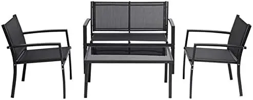 

4-Piece Patio Bistro Conversation Set, Poolside Chairs with Coffee Table for Backyard Porch Garden Black