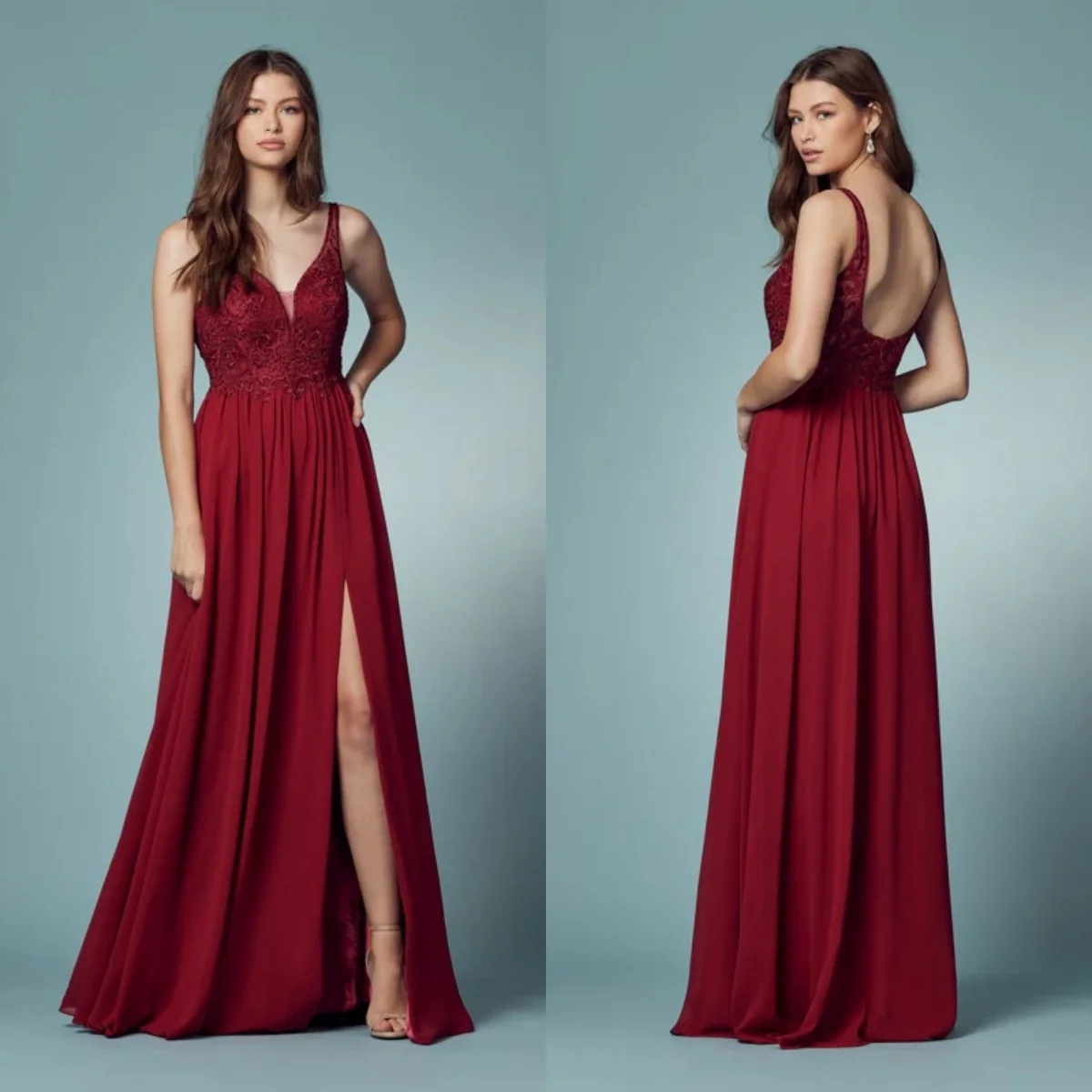 

Elegant Prom Dresses Red A Line Maxi Gown Lace Sleeveless Party Celebrity Gowns Side Slit Backless Evening Vestido de Novia