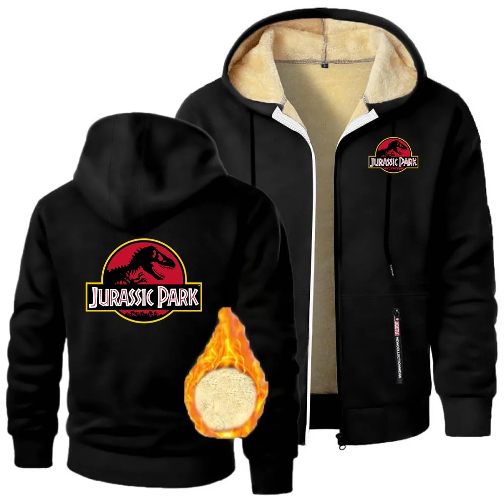 Zurassic park dinossauro mundo moletom inverno engrossar lã de cordeiro jaqueta masculina com capuz com zíper casacos pesados outwear