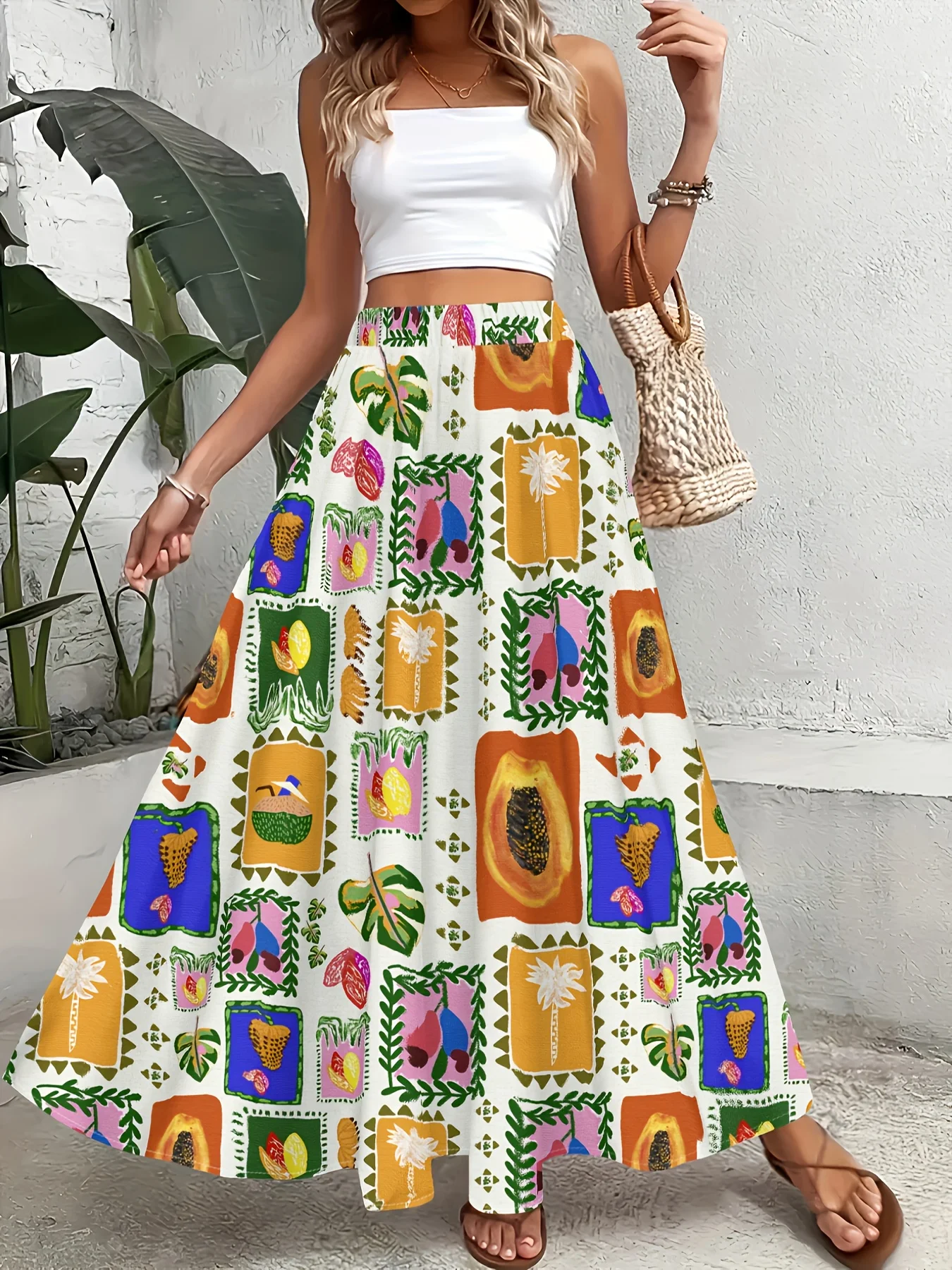 

Женская юбка миди с тропическим фруктовым принтом, летняя, в стиле A-силуэта, с высокой талией, повседневная, для пляжных вечеринок