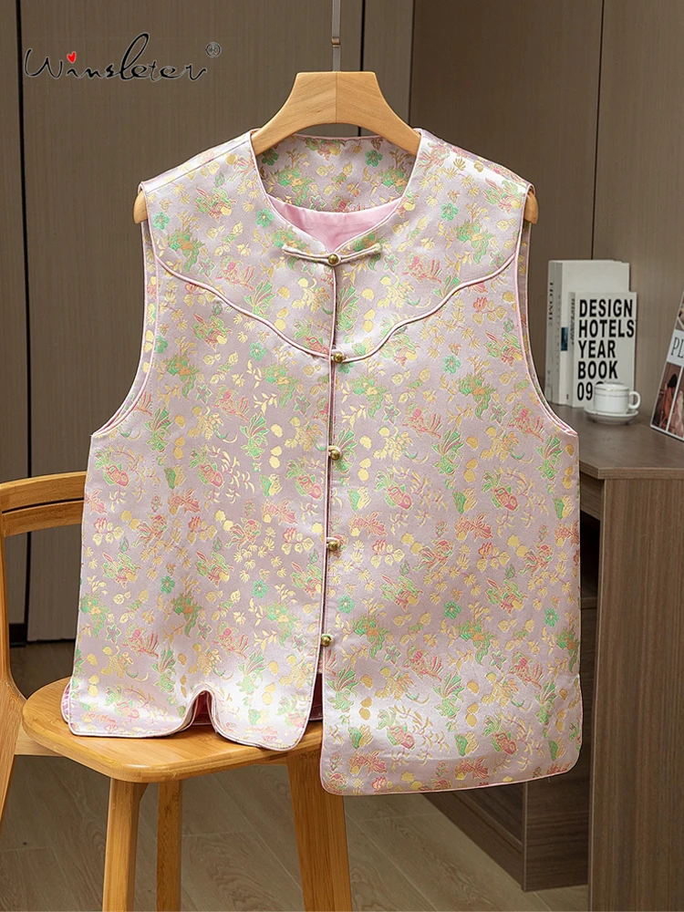 

Winsleter-100%Real Silk Song Brocade Elegant Vest Coat, O Neck Jacquard, Women Retro Commute Waistcoat, 2025 Autumn New C59907CC