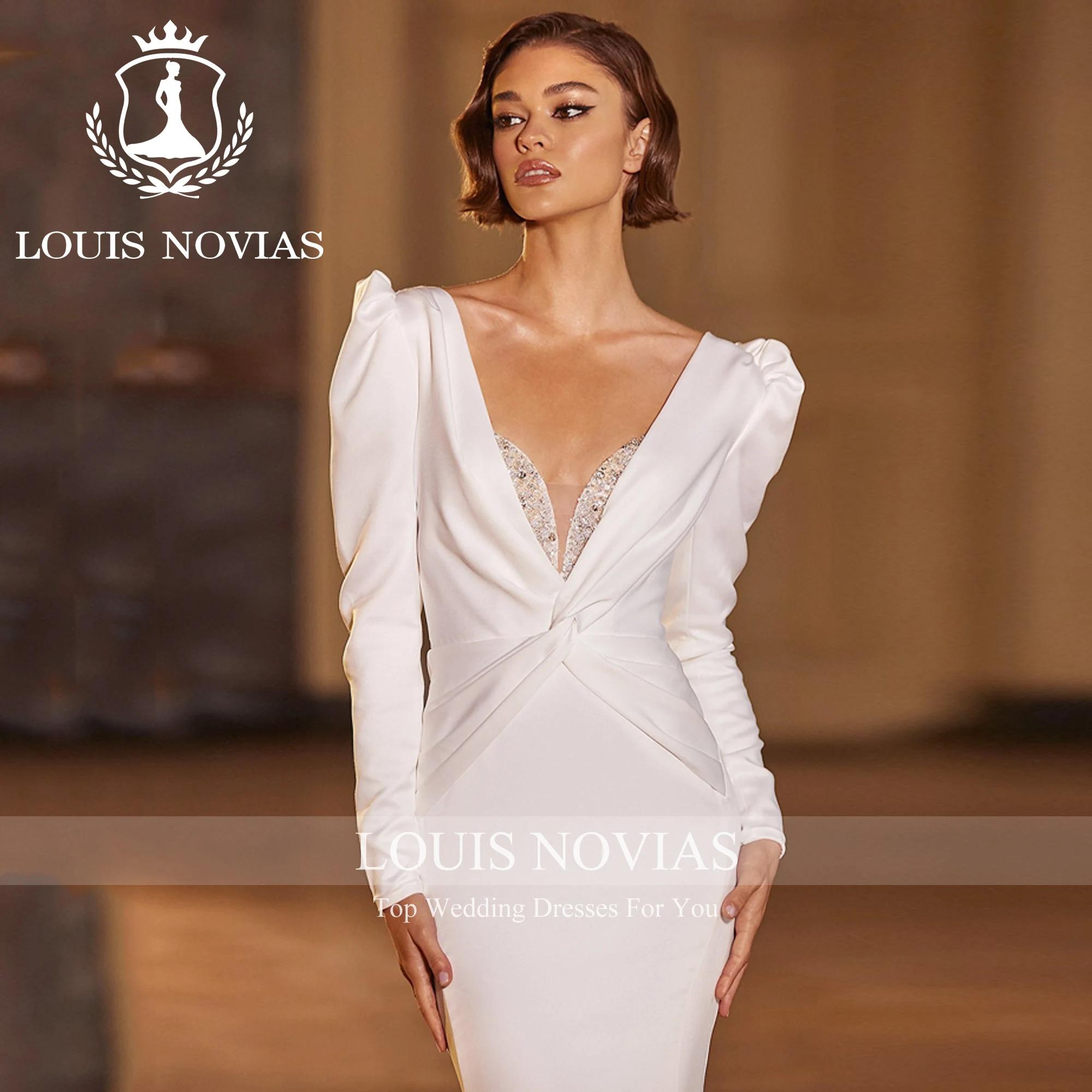 Louis novias luxo sereia vestido de casamento manga longa sexy halter decote invisível miçangas vestido de casamento fino vestidos de novia