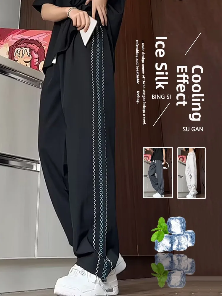 

Men's Summer Thin Qui Dry Ice Silk Pants Straight Leg Wide Leg Casual Trousers with Embroidery Drapey Lightweight Spor