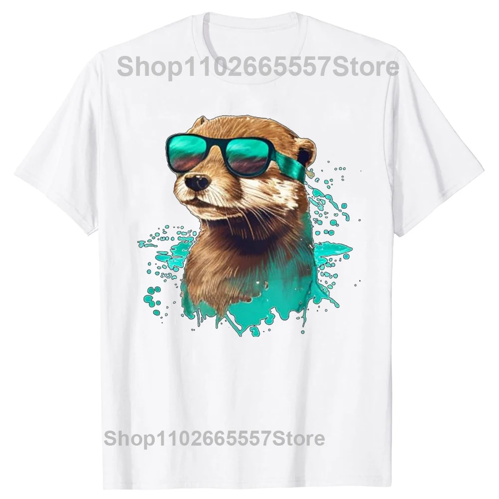 Funny Looking Otter with Sunglasses T Shirts Tee Tops Round Neck Short-Sleeve Fashion Tshirt Clothing Casual Basic T-shirts