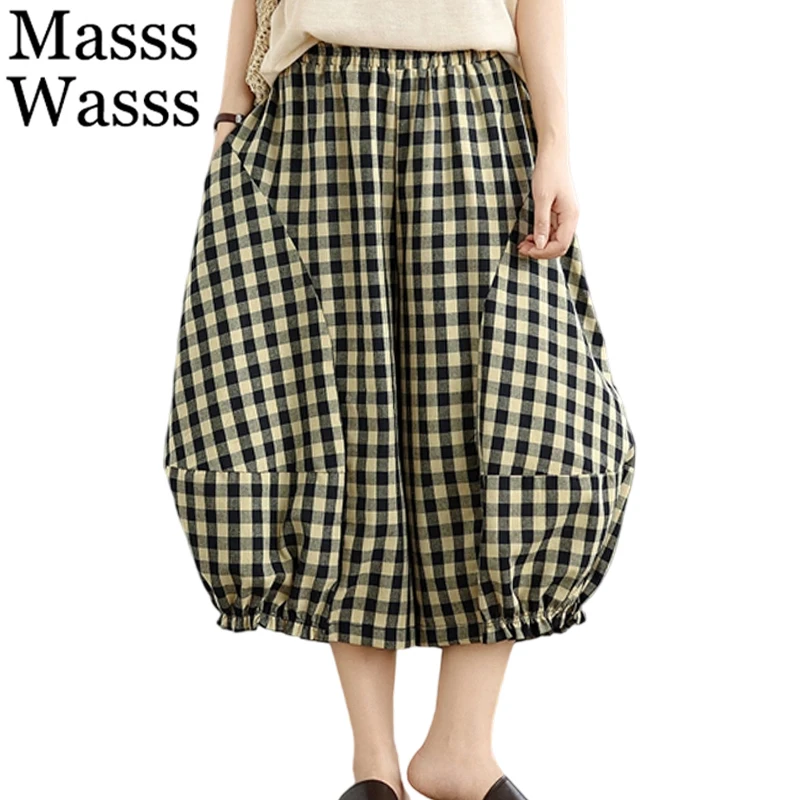 

Mass Wasss 2025 летние женские модные шаровары в клетку большого размера, женские классические винтажные повседневные хлопковые брюки, элегантные свободные брюки