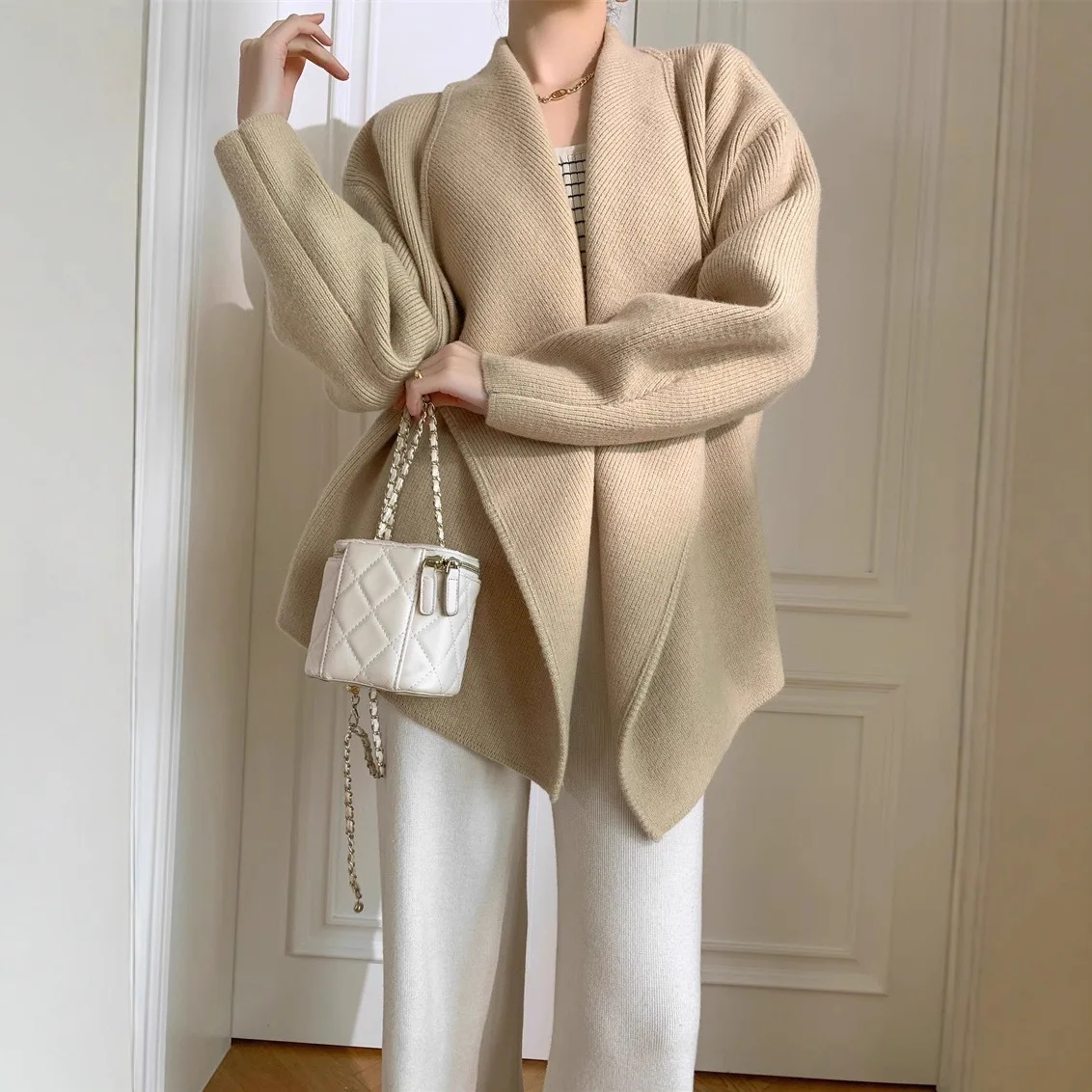 

Korean Style Turn Down Collar Knitted Cardigan Women Top Autumn and Winter New Waist Belted Loose Casual Sweater for Women