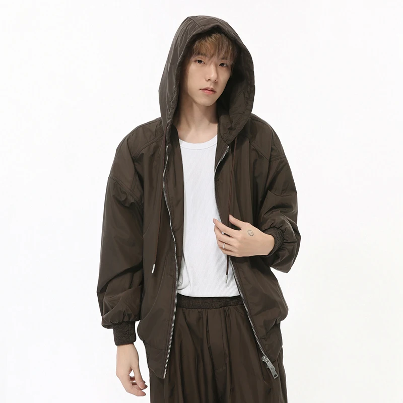 IEFB Niche Design Men's Two-piece Drawstring Hooded Zipper Jackets Straight Wide Leg Loose Elastic Waist Pants Stylish 9C7947